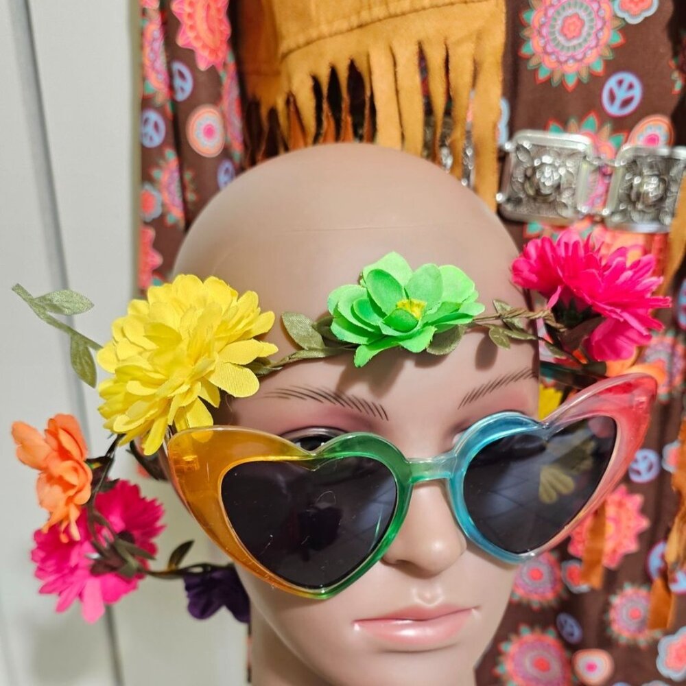 Hippie Costume Groovy 60s 70s Flower Power Crown Dress Vest Hippy Psychedelic - Picture 2 of 8